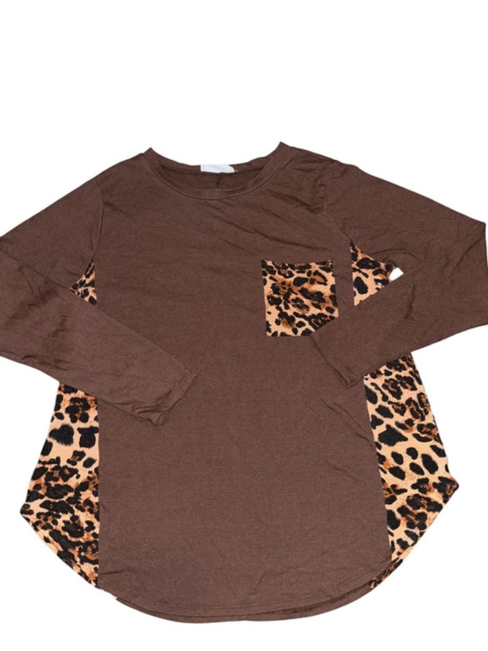 Zenana Outfitters Brown Long Sleeve Top with Leopard Accent